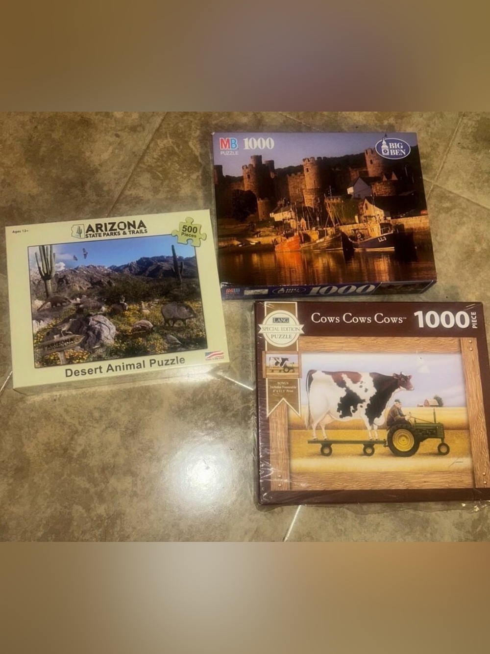 Bundle of 3 NEW Jigsaw Puzzles 500/1000- AZ Desert Animals- Big Ben- LANG Cows
